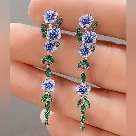 NIB 925 Plated Enamel Flower Inlay Drop Earrings with Crystal Accents - Picture 12 of 16